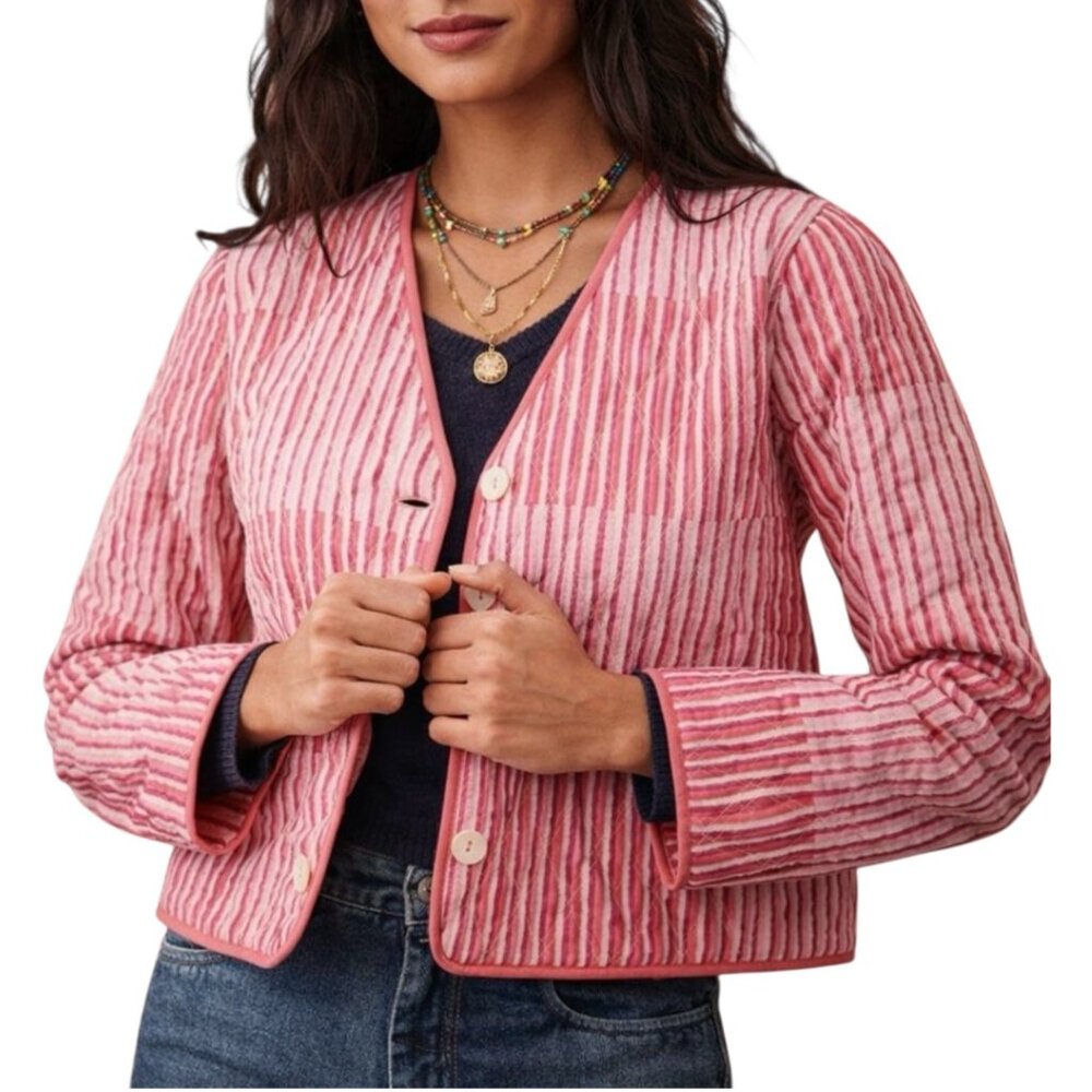 Roller Rabbit Checkboard Stripe Marni Pink Cropped Quilted Cotton Jacket L